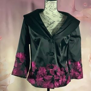 FRENZ - Black satin feel jacket with hot pink embroidered trim.
